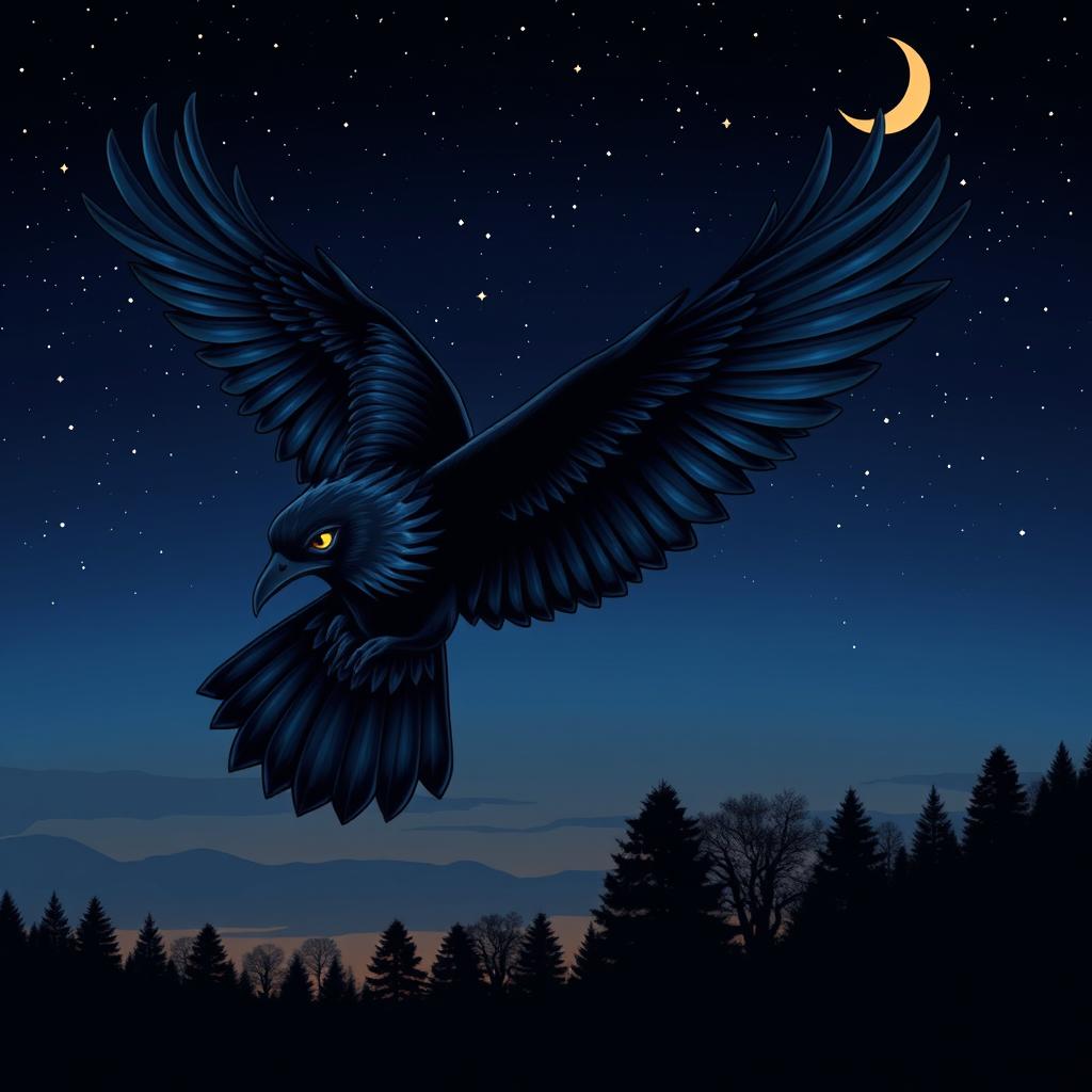 A detailed vector graphic of a night bird, featuring rich, deep colors like midnight blue, black, and hints of glowing yellow in the birds' eyes