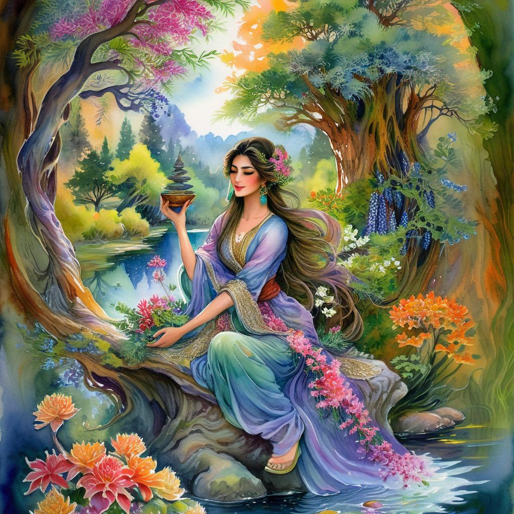 Mystical and spiritual watercolor painting of a beautiful Iranian woman sitting on a rock on a beautiful and peaceful pond in a dense forest with cypress trees, plane trees, grapevines, winding bonsai trees, and a whirlwind of colorful flowers and beautiful.