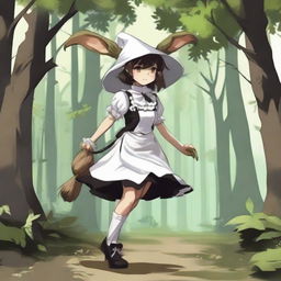 Goblin girl dressed as a maid walking through the forest