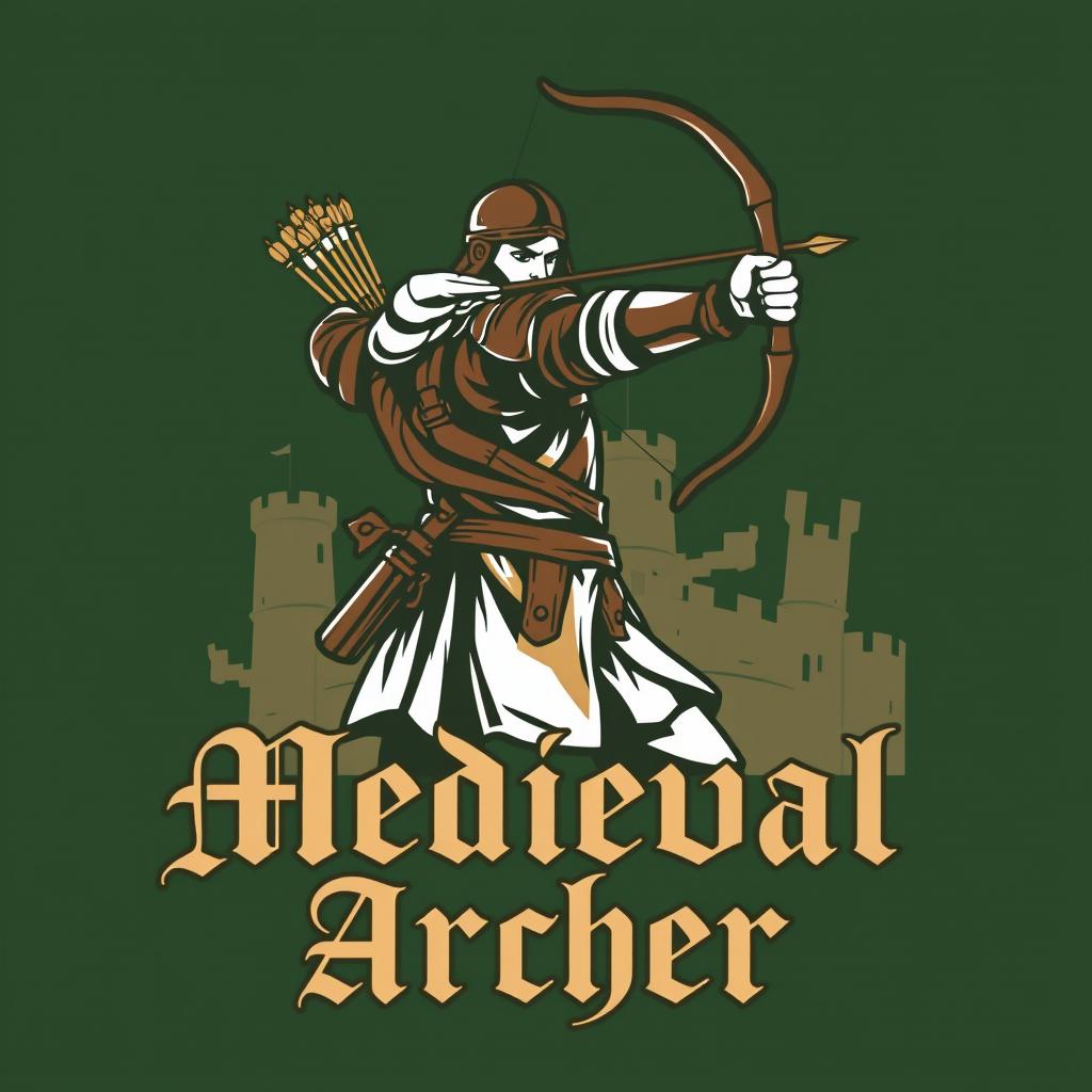 A logo design featuring a medieval archer, dynamic and striking, poised with a traditional longbow