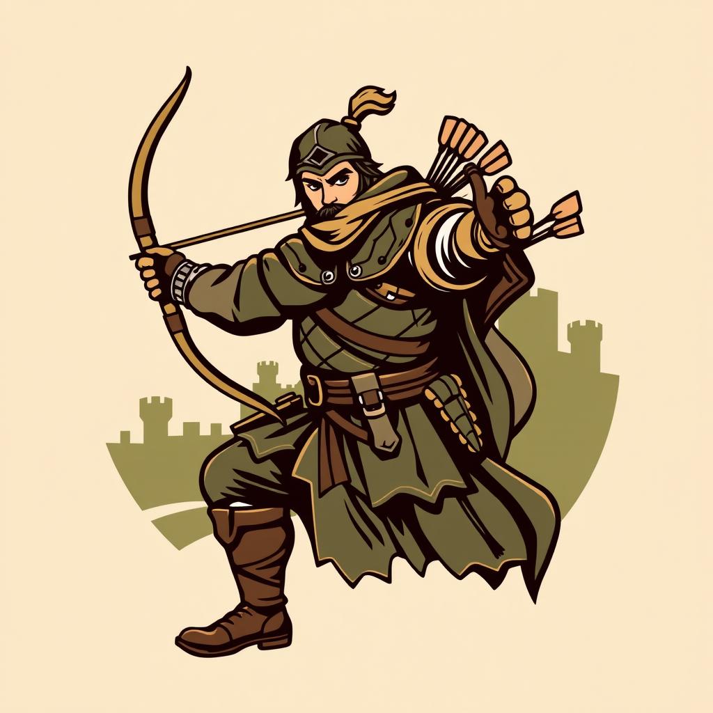 A logo design featuring a medieval archer, dynamic and striking, poised with a traditional longbow