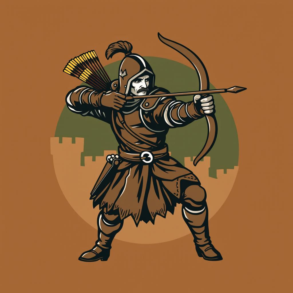 A logo design featuring a medieval archer, dynamic and striking, poised with a traditional longbow