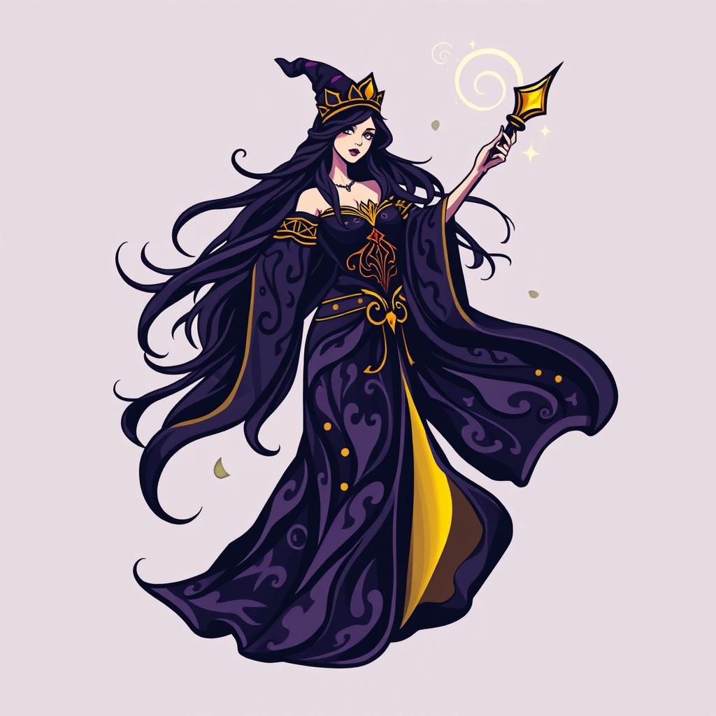 A logo design featuring an enchanting sorceress, elegantly posed with a magical staff raised high