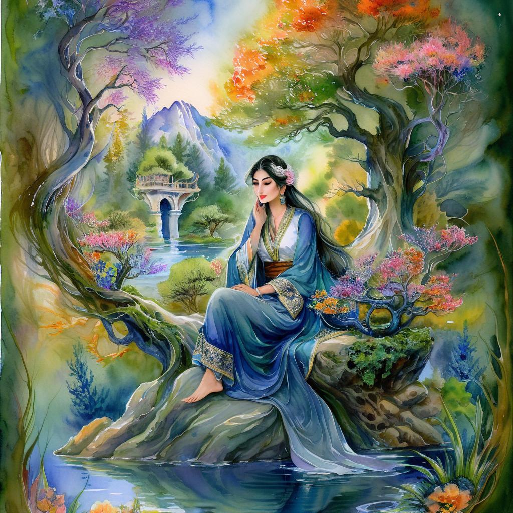Mystical and spiritual watercolor painting of a beautiful Iranian woman sitting on a rock on a beautiful and peaceful pond in a dense forest with cypress trees, plane trees, grapevines, winding bonsai trees, and a whirlwind of colorful flowers and beautiful.