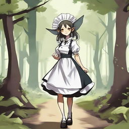 Goblin girl dressed as a maid walking through the forest