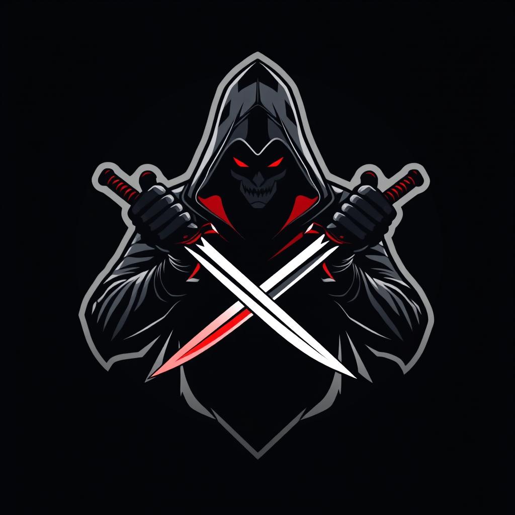 A logo design featuring a mysterious assassin, stealthily posed with a hooded cloak and dual daggers drawn