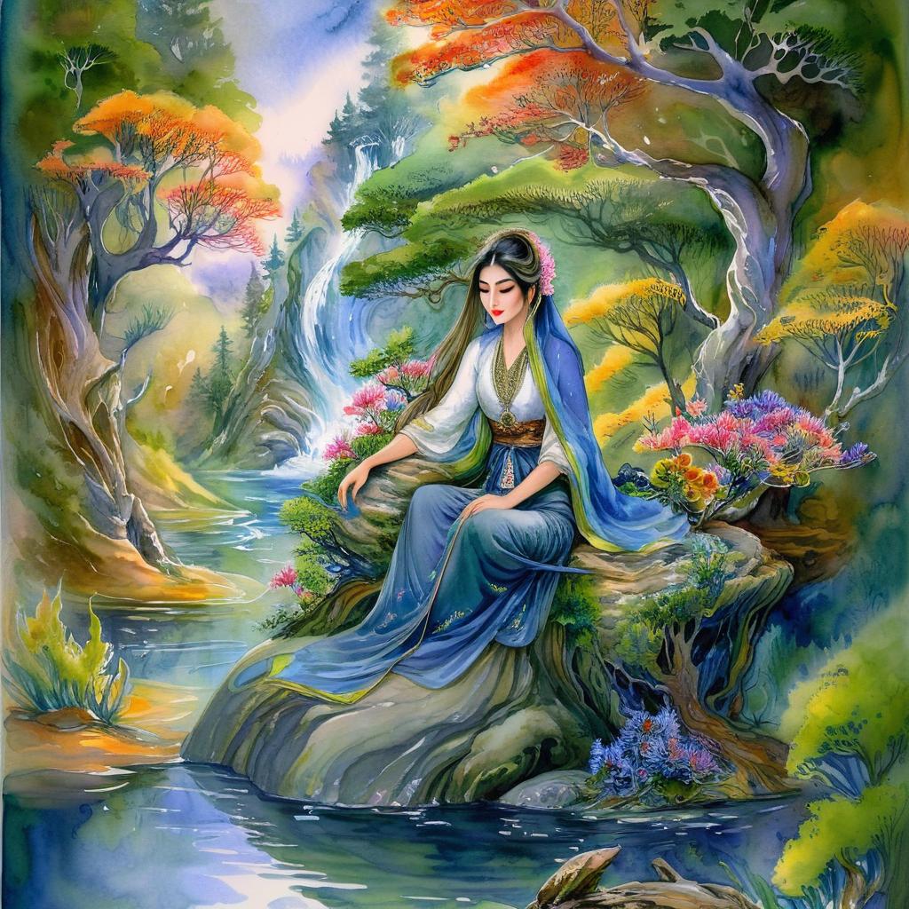 Mystical and spiritual watercolor painting of a beautiful Iranian woman sitting on a rock on a beautiful and peaceful pond in a dense forest with cypress trees, plane trees, grapevines, winding bonsai trees, and a whirlwind of colorful flowers and beautiful.