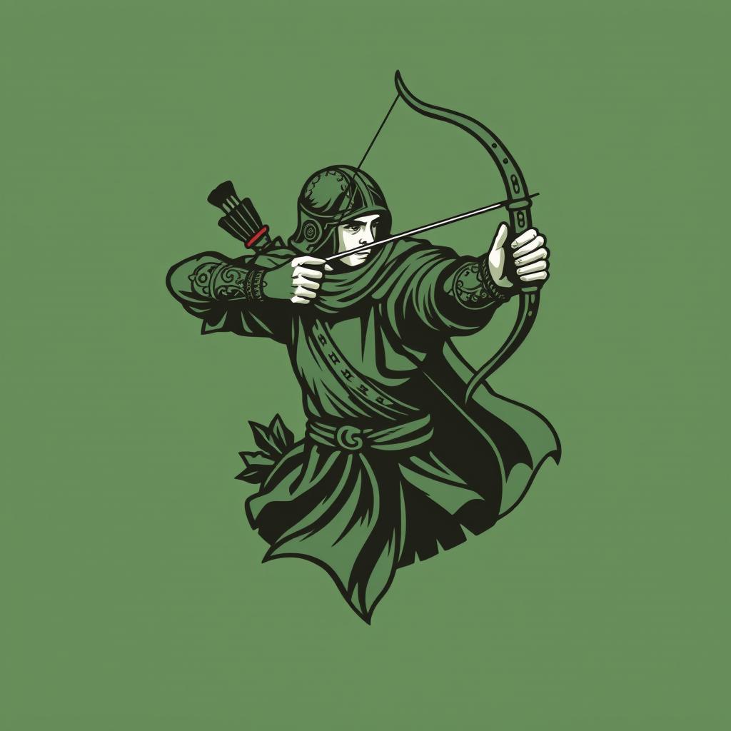 A medieval archer logo design featuring a dynamic pose of a skilled archer pulling back a bowstring, skillfully aiming