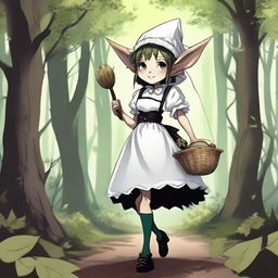 Goblin girl dressed as a maid walking through the forest