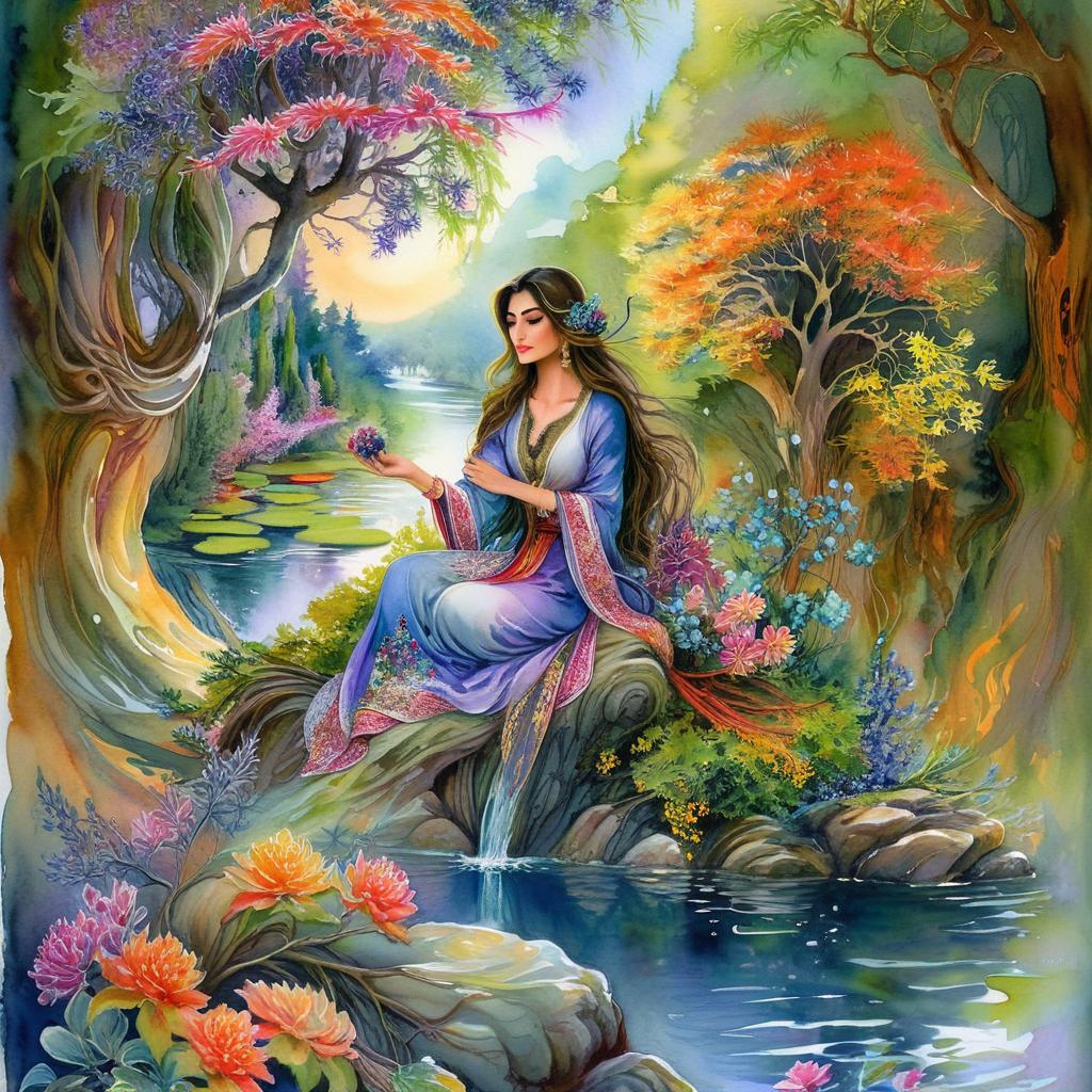 Mystical and spiritual watercolor painting of a beautiful Iranian woman sitting on a rock on a beautiful and peaceful pond in a dense forest with cypress trees, plane trees, grapevines, winding bonsai trees, and a whirlwind of colorful flowers and beautiful.