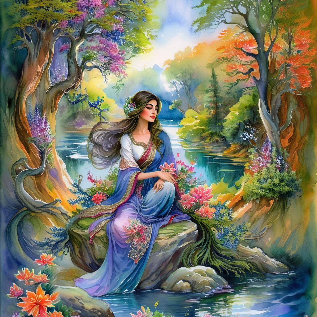 Mystical and spiritual watercolor painting of a beautiful Iranian woman sitting on a rock on a beautiful and peaceful pond in a dense forest with cypress trees, plane trees, grapevines, winding bonsai trees, and a whirlwind of colorful flowers and beautiful.