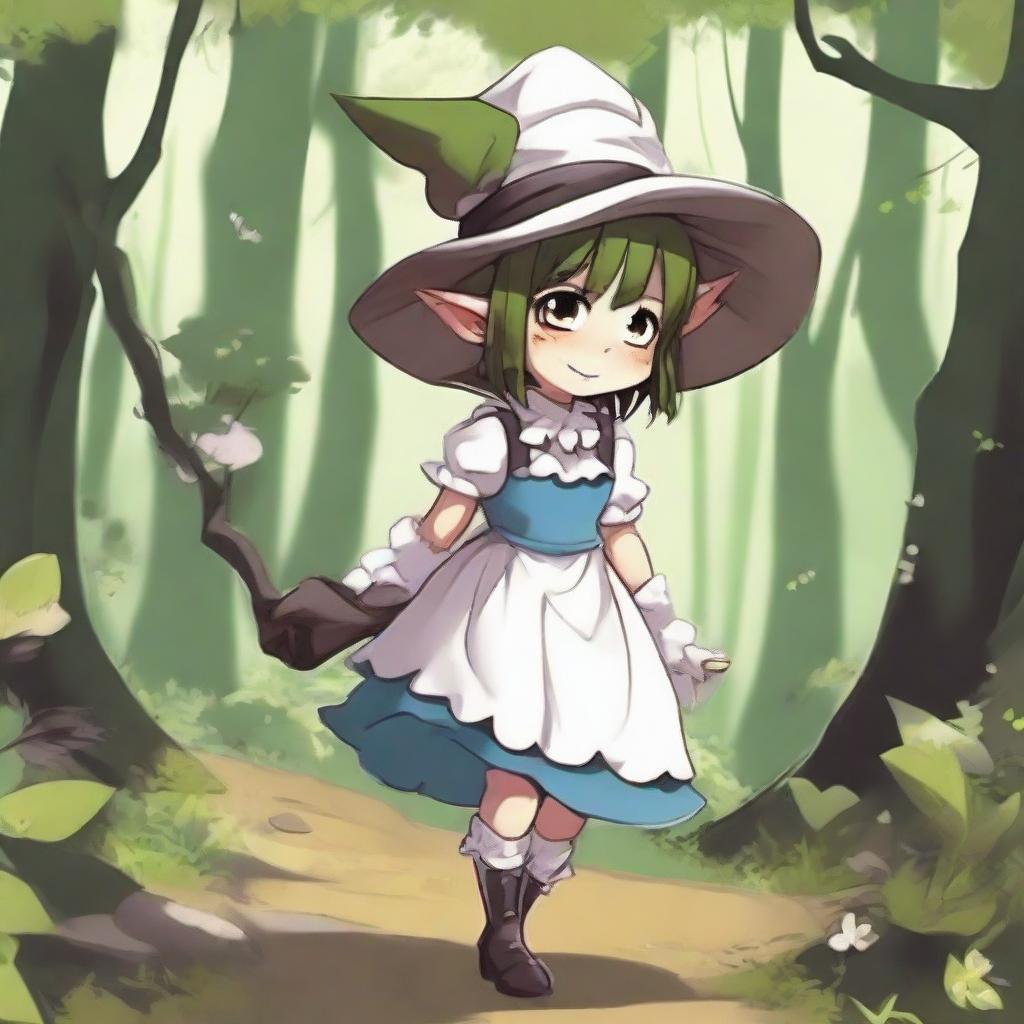 Goblin girl dressed as a maid walking through the forest