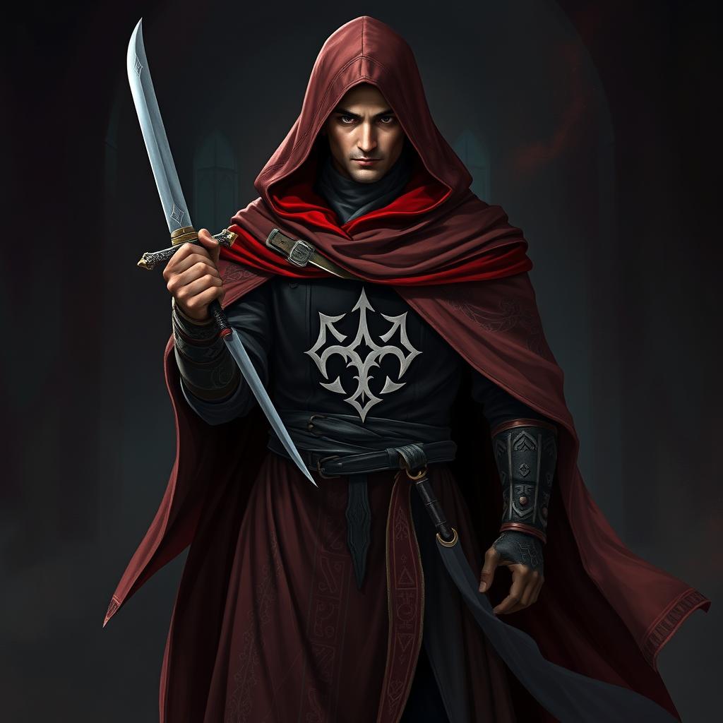 A medieval assassin dressed in a flowing robe with intricate designs, holding a dagger in a poised stance