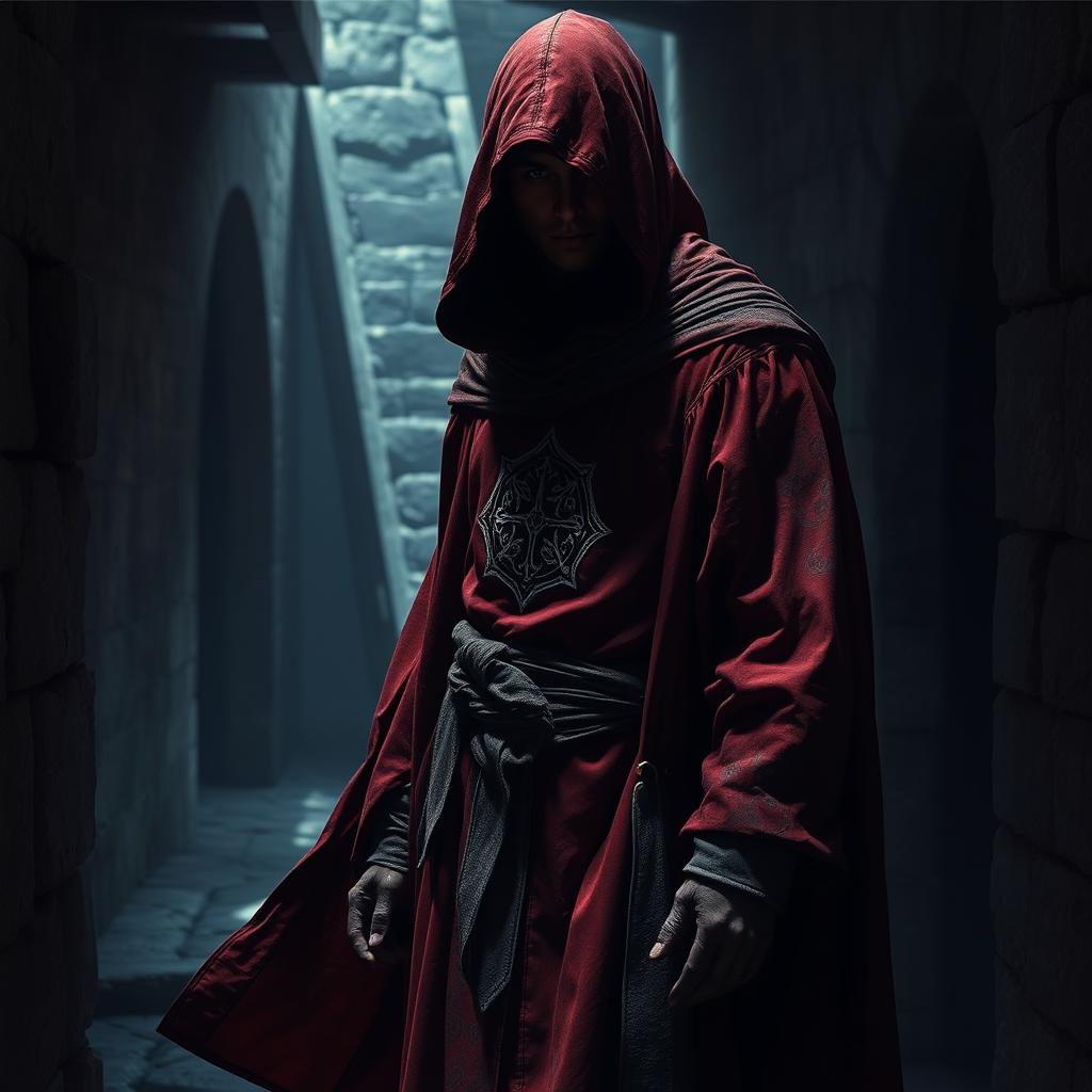 A medieval assassin dressed in a flowing robe, featuring intricate designs and a prominent logo