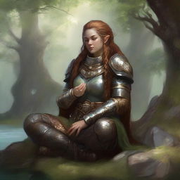 A dwarven female kineticist, encased in solid heavy armor, meditates in serene tranquility. Surrounding her, the harmonious and tangible energy of nature delicately floats, reflecting her deep elemental connection.