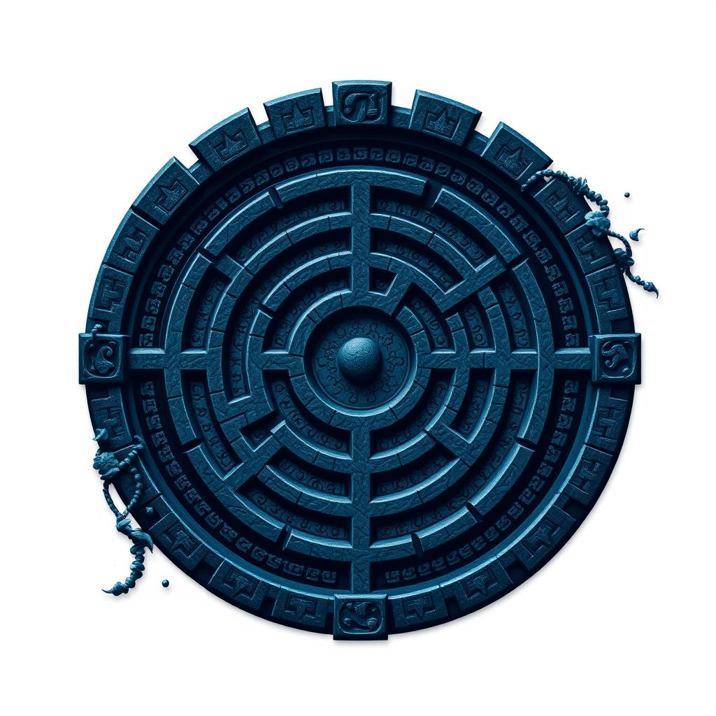 A medieval labyrinth design, intricate and thematic with winding paths and high walls, in deep blue and dark shades
