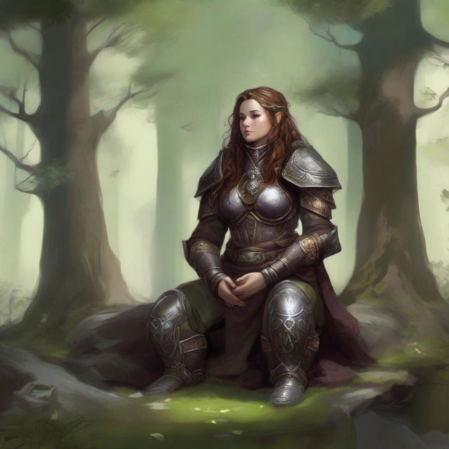 A dwarven female kineticist, encased in solid heavy armor, meditates in serene tranquility. Surrounding her, the harmonious and tangible energy of nature delicately floats, reflecting her deep elemental connection.