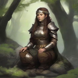 A dwarven female kineticist, encased in solid heavy armor, meditates in serene tranquility. Surrounding her, the harmonious and tangible energy of nature delicately floats, reflecting her deep elemental connection.