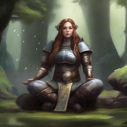 A dwarven female kineticist, encased in solid heavy armor, meditates in serene tranquility. Surrounding her, the harmonious and tangible energy of nature delicately floats, reflecting her deep elemental connection.