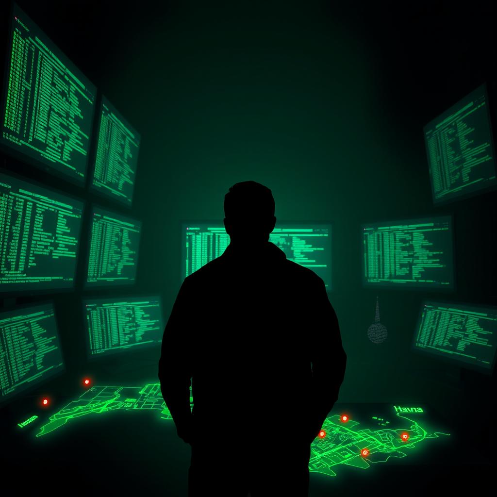 A striking dark cyberpunk scene featuring the silhouette of a man standing in front of multiple computer screens, each displaying cascading green code that adds to the digital ambiance