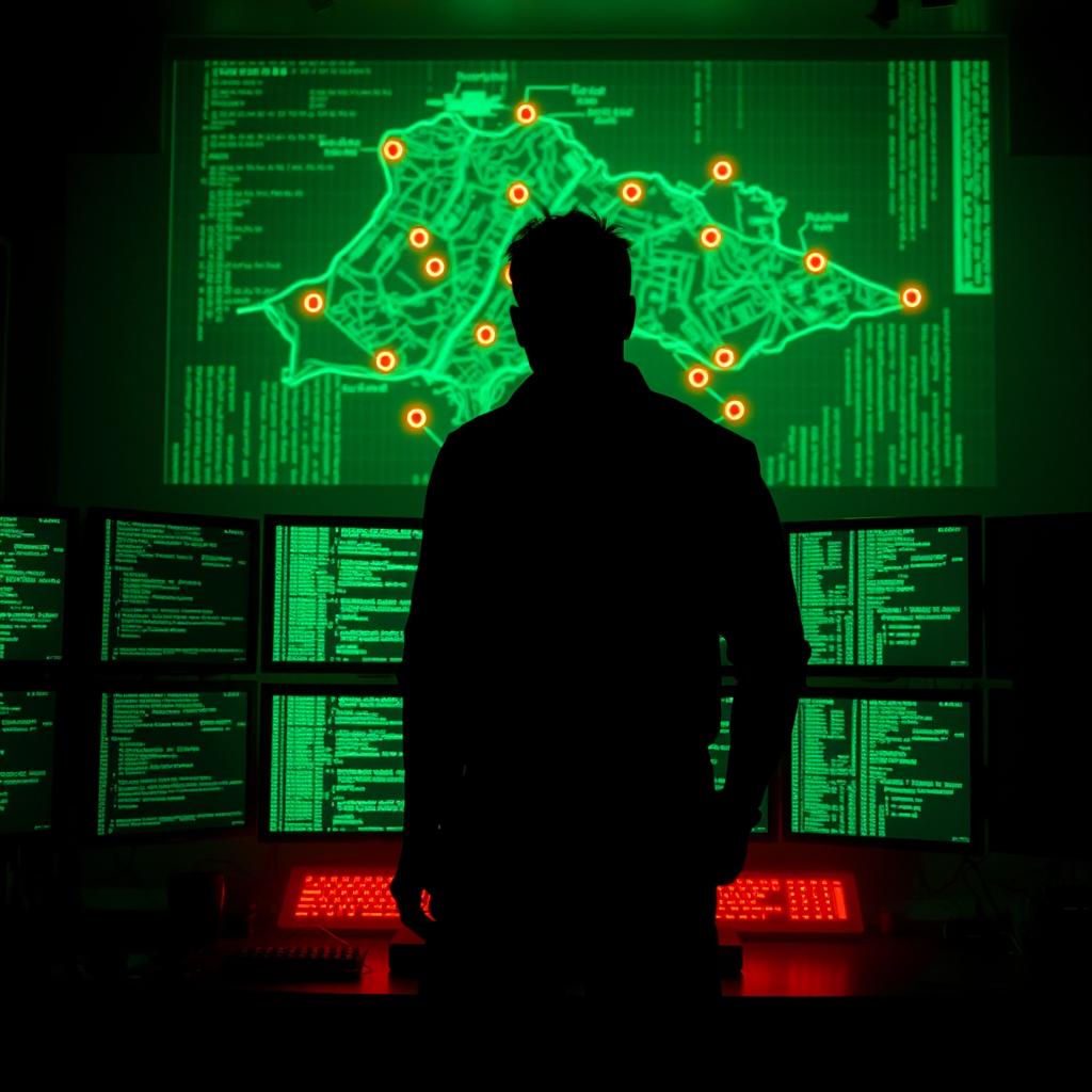 A captivating dark cyberpunk scene showcasing the silhouette of a man standing before a bank of multiple computer screens, each filled with cascading green code that creates a dynamic, digital tapestry