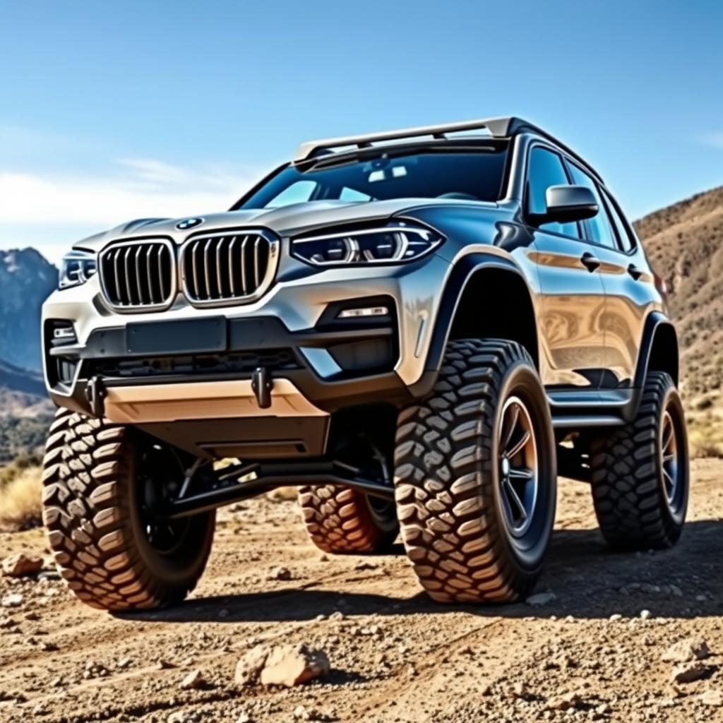 A powerful off-road 4x4 vehicle designed in the unmistakable style of a BMW, featuring a sleek body with sporty contours, the iconic kidney grille, and sharp headlights