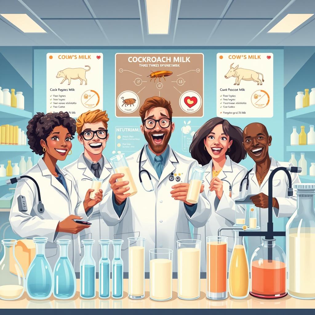 A vivid and engaging illustration capturing the concept of scientists revealing that cockroach milk is three times more nutritious than cow's milk
