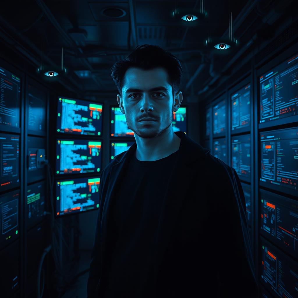 A detailed digital portrait of a serious young man standing in front of a cluster of multiple screens displaying intricate digital codes and vibrant graphics