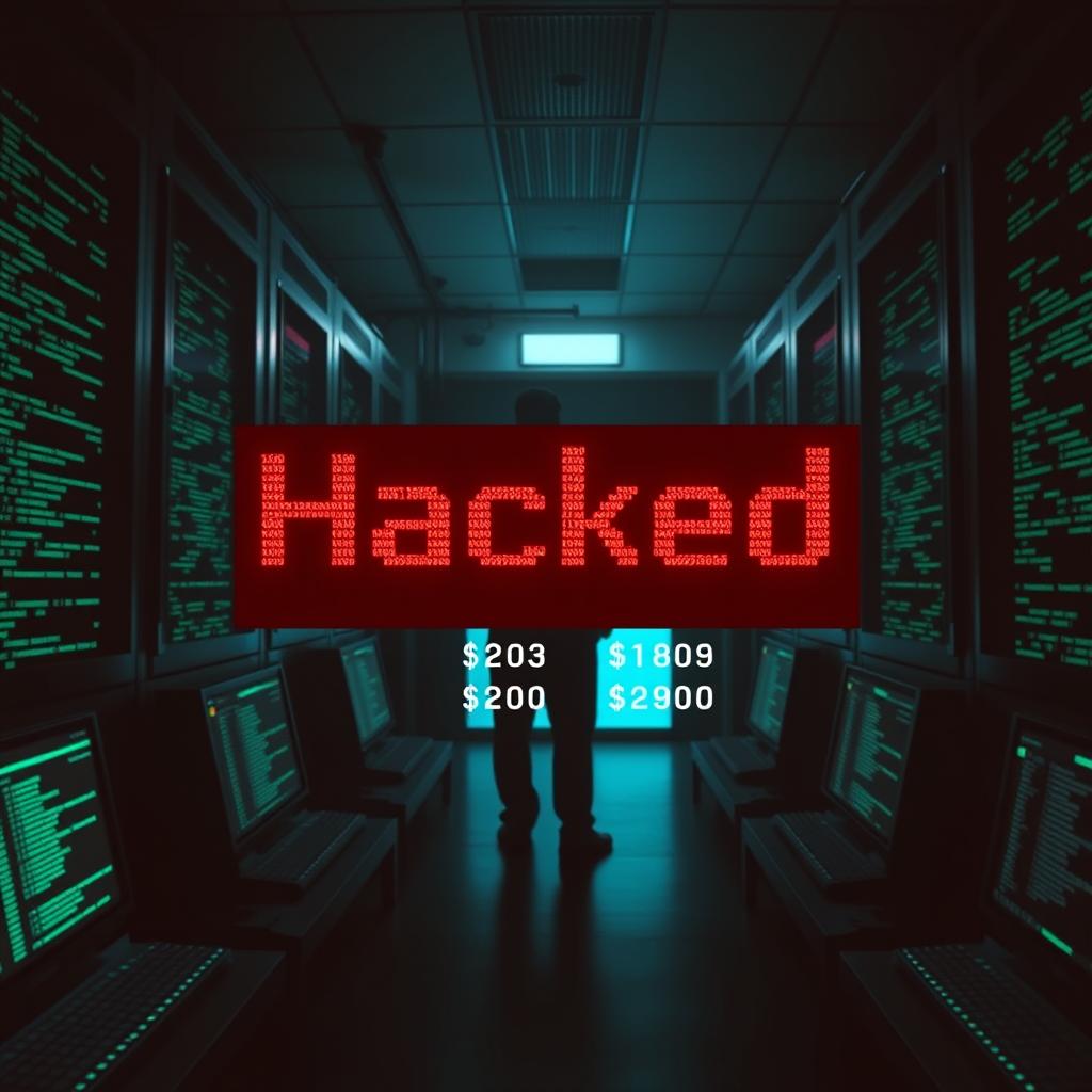 A dark, cinematic scene portraying a modern office server room at night, where glowing computer screens display cascading green code across their surfaces