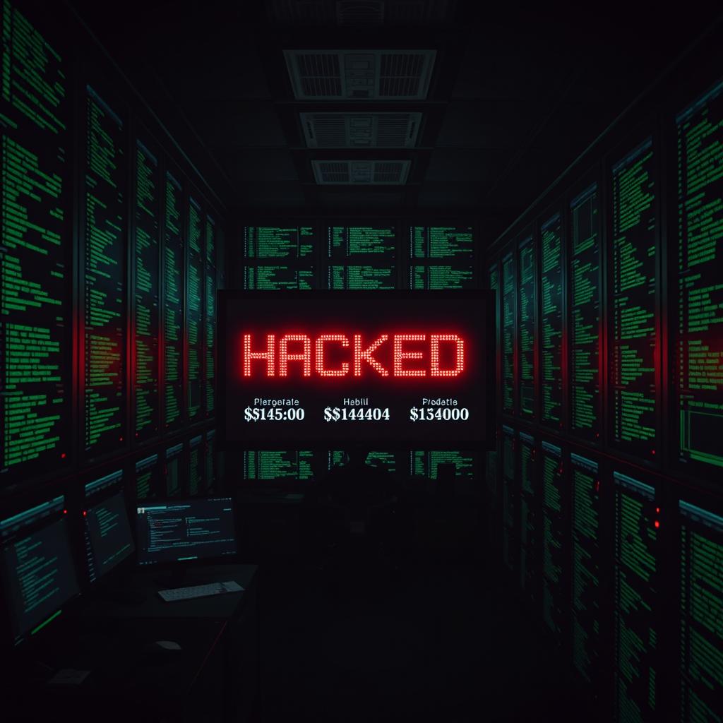 A dark, cinematic scene depicting a modern office server room at night, where glowing computer screens overflow with streaming green code, creating a mesmerizing visual