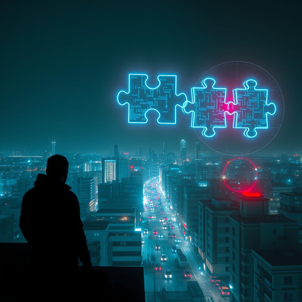 A striking cyberpunk scene featuring three glowing digital puzzles suspended ethereally above the iconic skyline of Havana