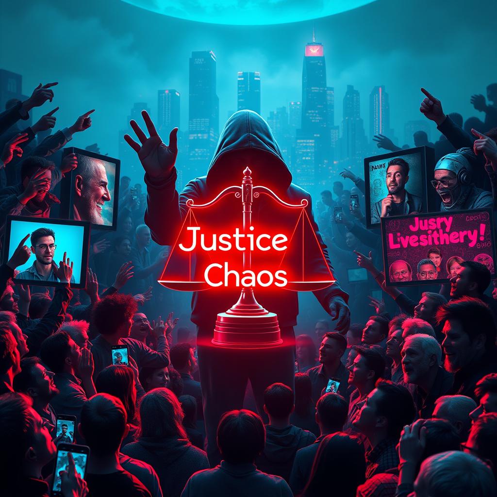 A dramatic cyberpunk scene illustrating a divided crowd displayed on social media screens, reflecting intense emotions