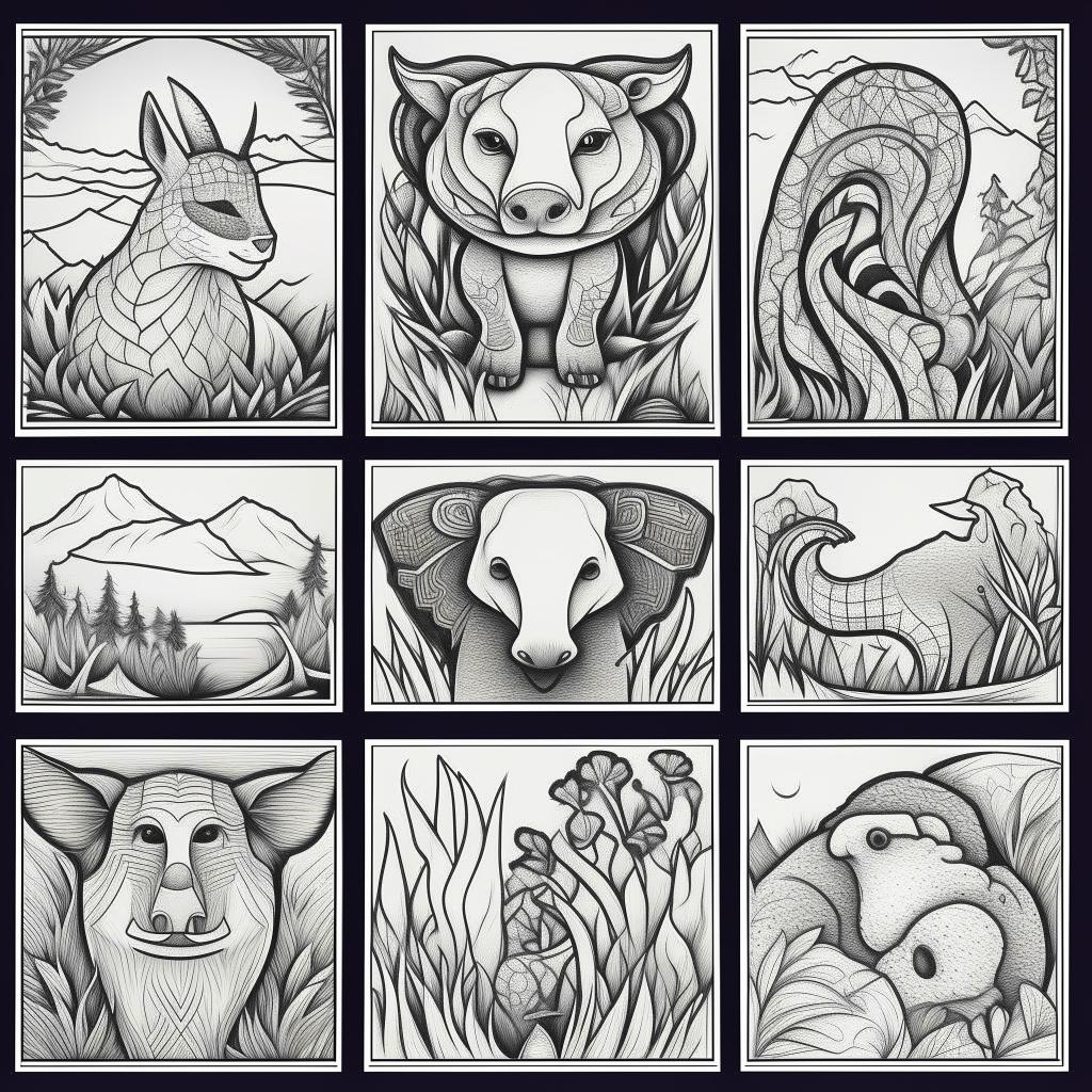 Create a set of coloring pages each displaying a different animal in a bold, outlined style.