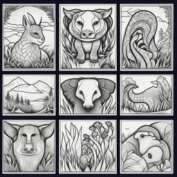 Create a set of coloring pages each displaying a different animal in a bold, outlined style.