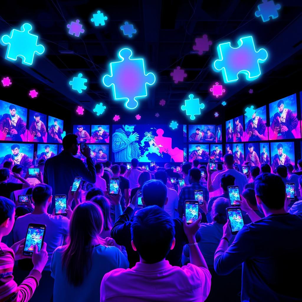 A vibrant digital collage depicting a global network of people actively streaming and sharing videos and selfies on their smartphones