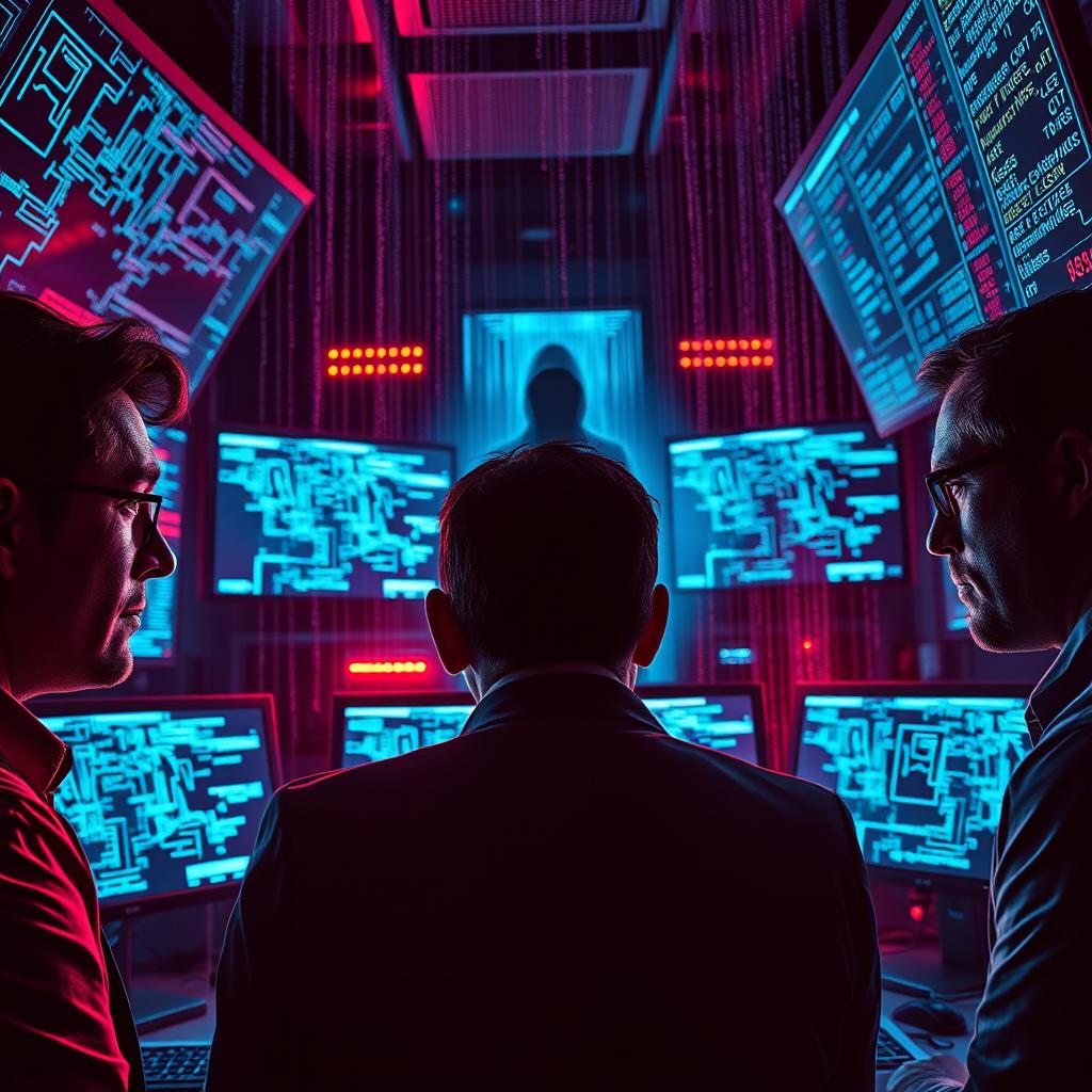 A tense cyberwarfare scene unfolding inside a high-tech control room, where the faces of anxious executives are illuminated by the glow of multiple screens displaying intricate network maps and IP traces