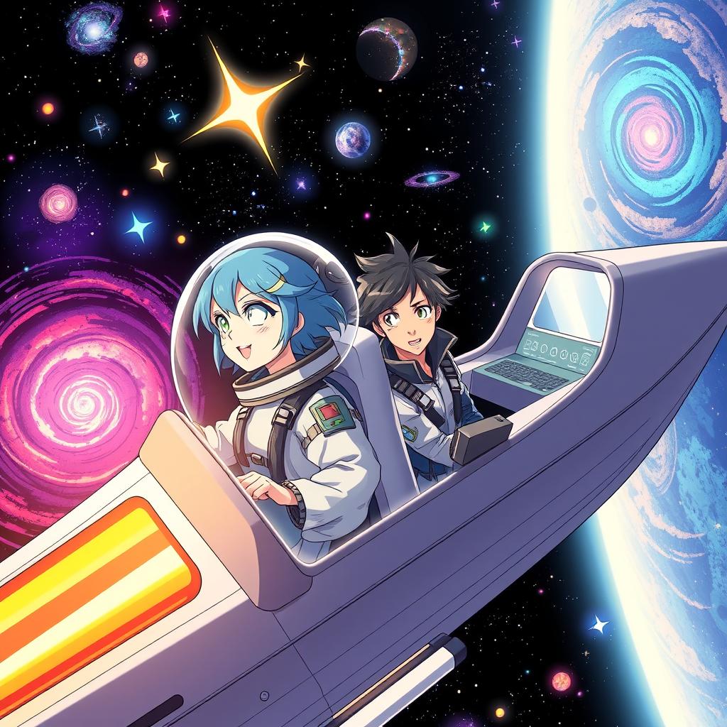 A dynamic scene of two characters flying around the cosmos in a futuristic spaceship, surrounded by vibrant stars, swirling galaxies, and colorful nebulae