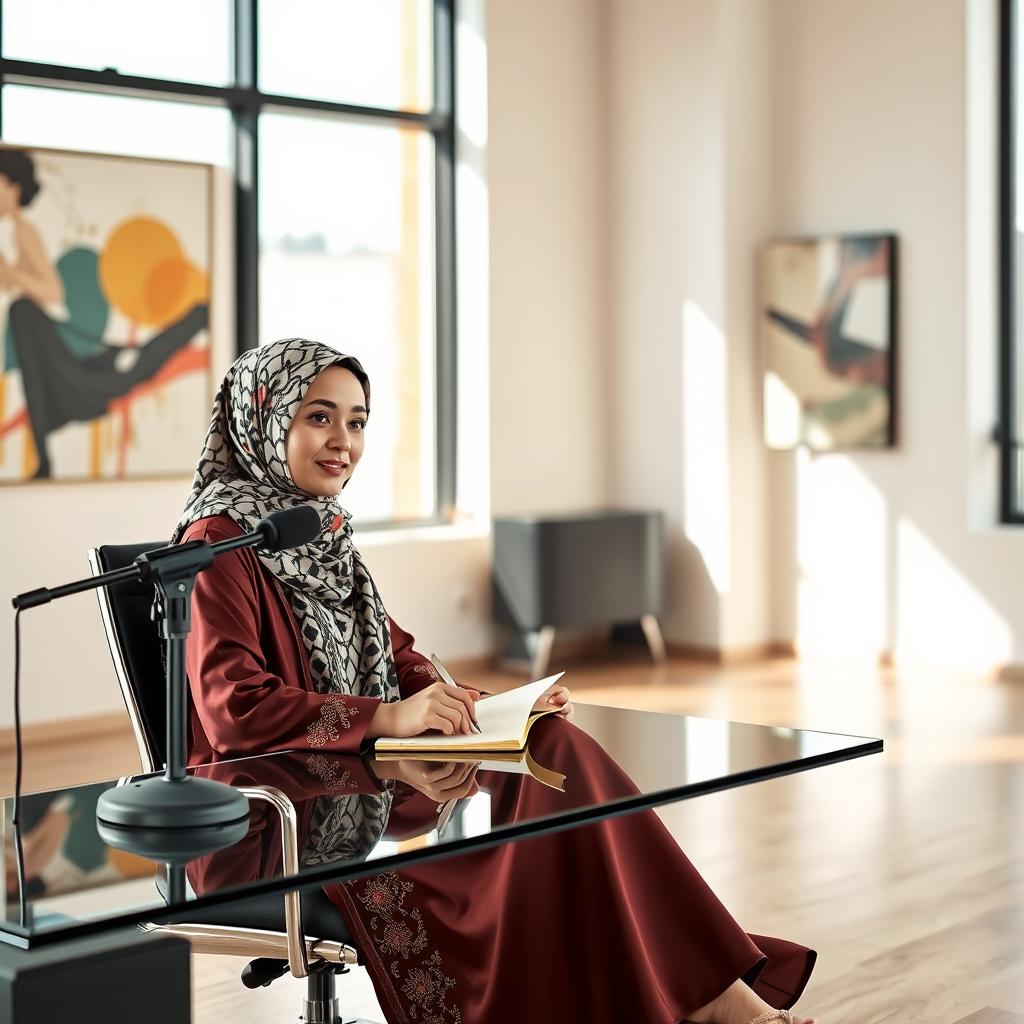 A young woman wearing a beautifully patterned hijab and an elegant abaya is conducting an interview