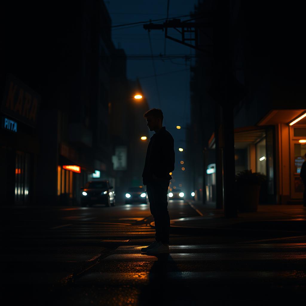 A dark urban twilight scene characterized by deep shadows and soft fading light