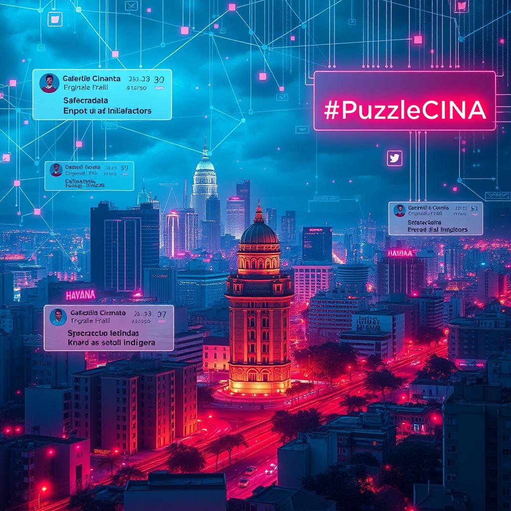 A dynamic and intense digital montage showcasing Havana's iconic skyline, overlaid with glowing network lines and vibrant data streams that illustrate the interconnectedness of the city amid a cyber crisis