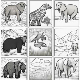 Create a set of coloring pages each displaying a different animal in a bold, outlined style.