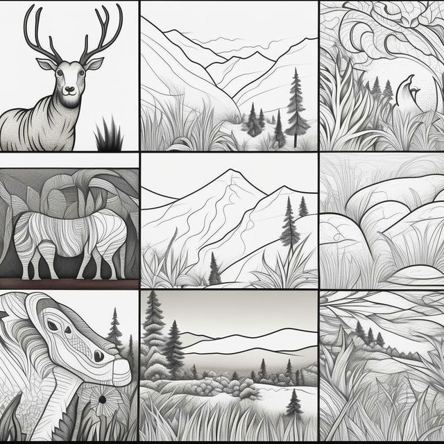 Create a set of coloring pages each displaying a different animal in a bold, outlined style.