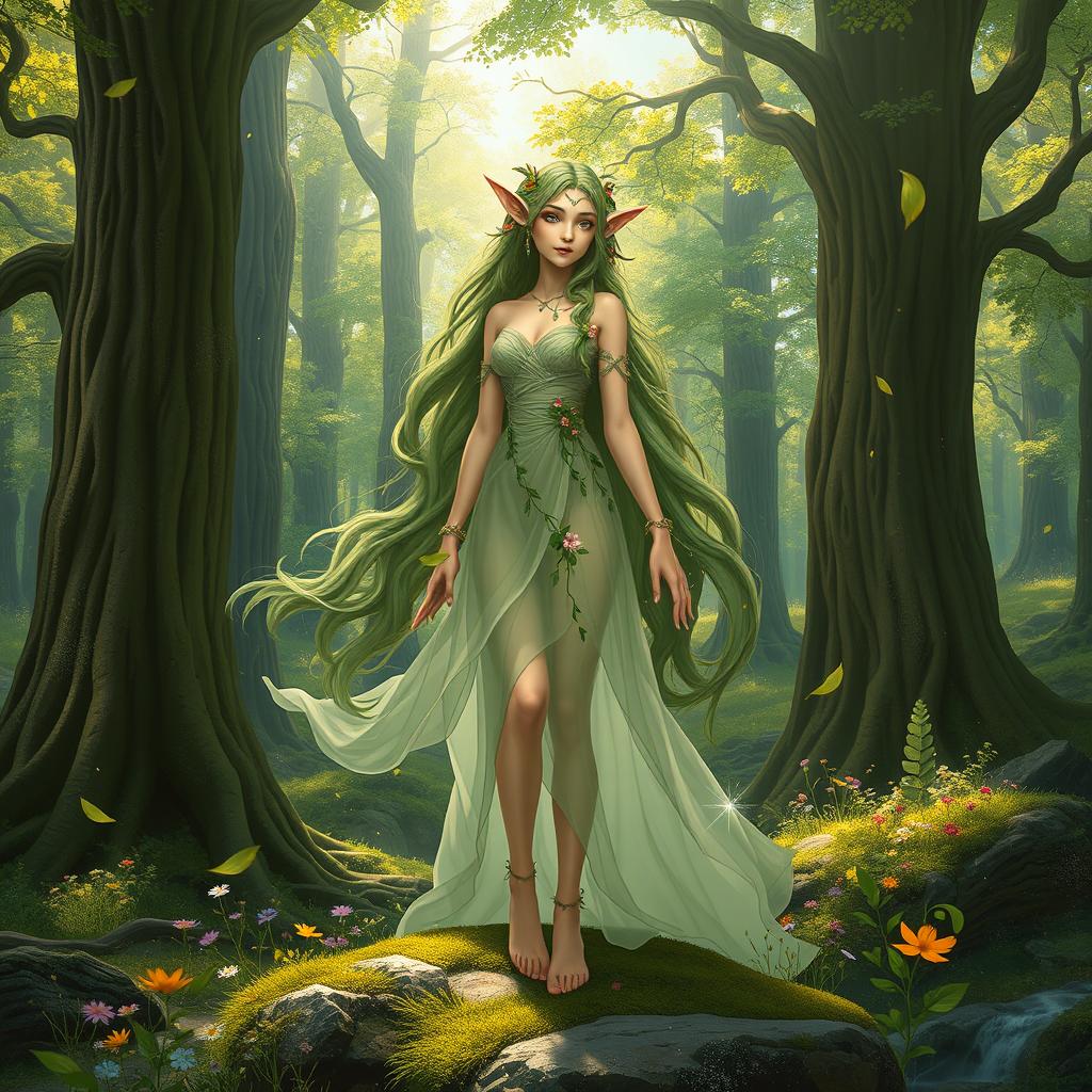 A beautiful fantasy scene featuring a wood elf, ethereal and graceful