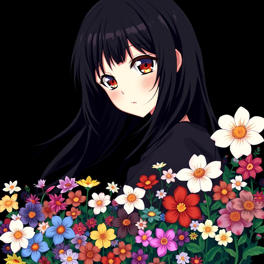 An anime girl with captivating hazel eyes and flowing black hair, depicted in a stylized manner