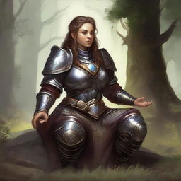 A dwarven female kineticist, attired in her sturdy heavy armor, finds peace in meditation. All around her, ethereal currents of natural energy float, a testament to her profound bond with the world's elements.