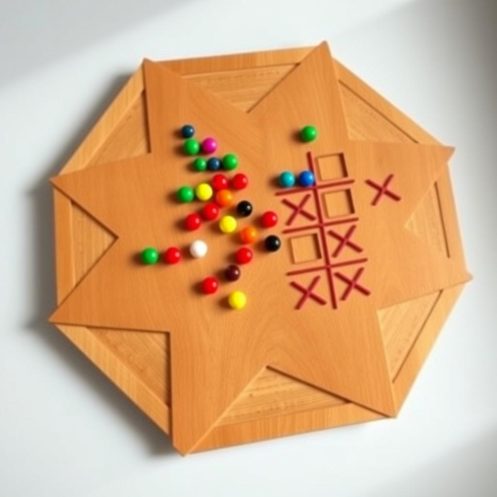 A large board game design combining elements of Chinese Checkers (Dama Chinas) and Tic Tac Toe (X O)
