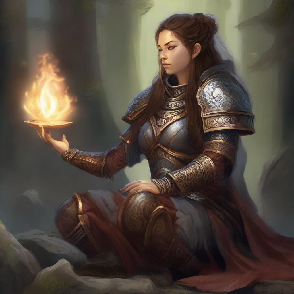 A dwarven female kineticist, attired in her sturdy heavy armor, finds peace in meditation. All around her, ethereal currents of natural energy float, a testament to her profound bond with the world's elements.