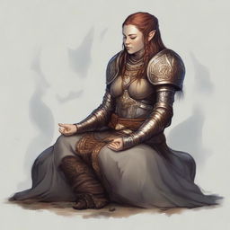 A dwarven female kineticist, attired in her sturdy heavy armor, finds peace in meditation. All around her, ethereal currents of natural energy float, a testament to her profound bond with the world's elements.