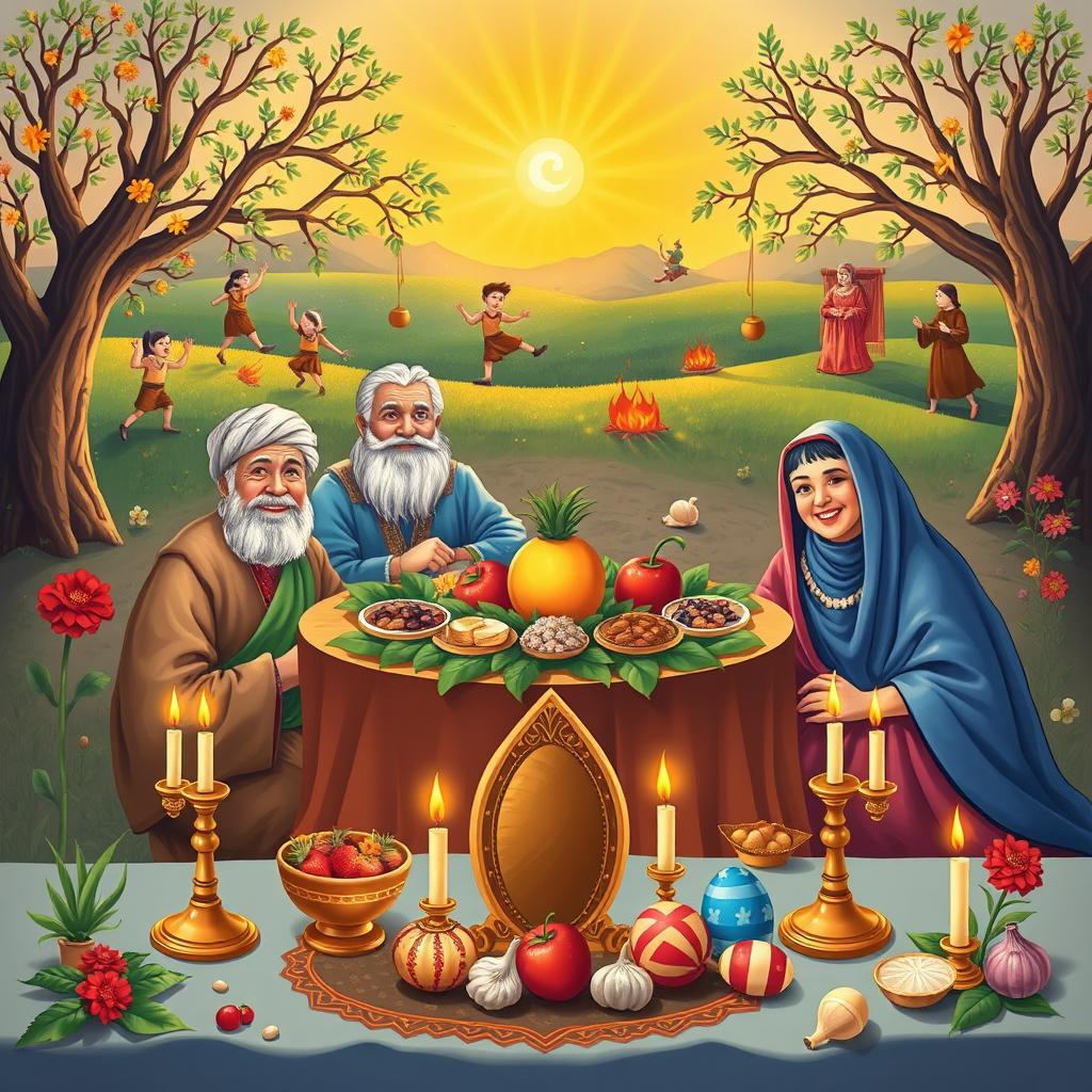 A vibrant and joyful depiction of a traditional Nowruz celebration in ancient Iran