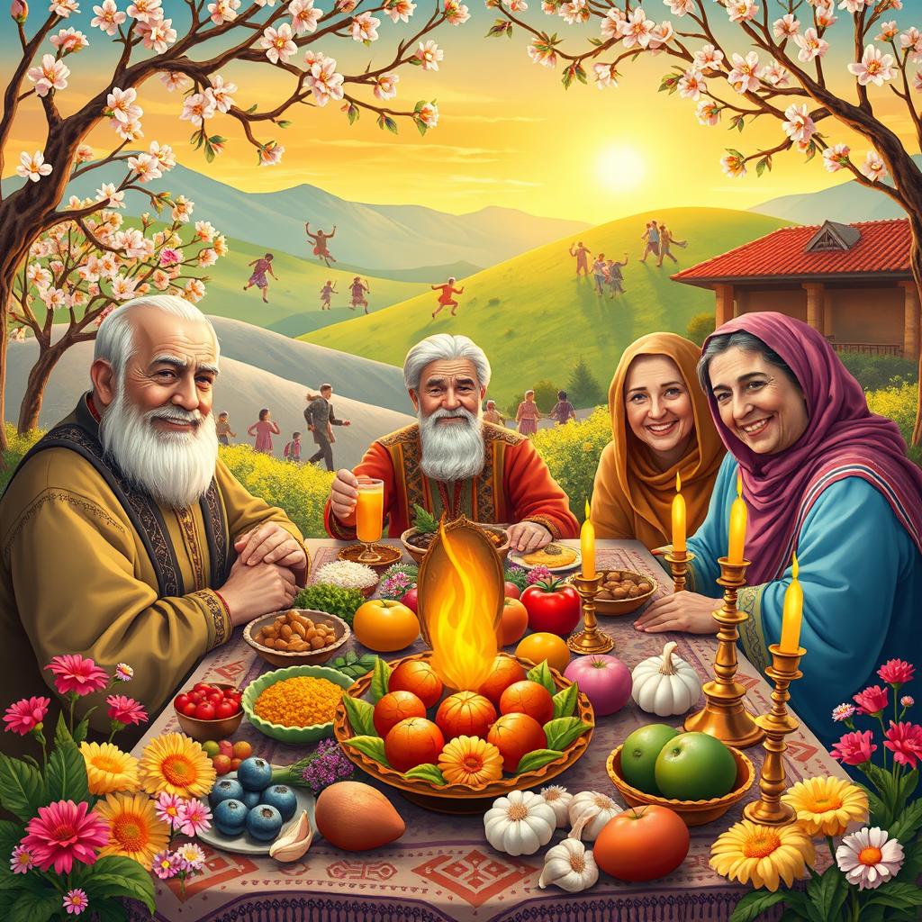 A vibrant and joyous portrayal of a traditional Nowruz celebration in ancient Iran